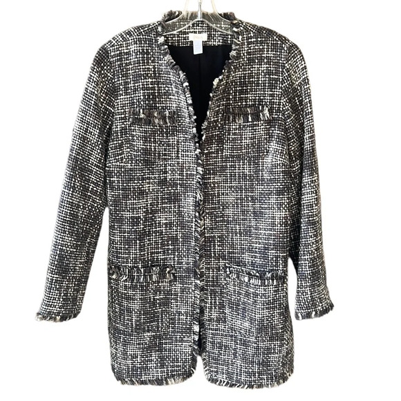 Chico’s Tweed Wool Blend Gray Cream Long Line Blazer Coat Sz M - Picture 1 of 9